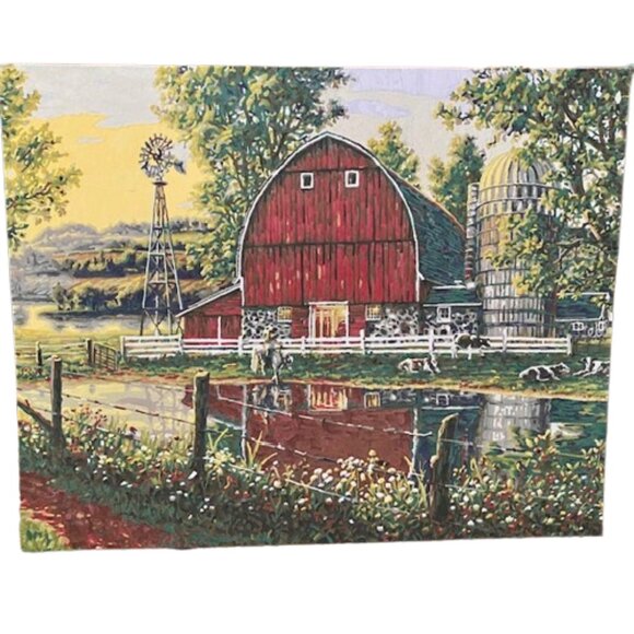 Completed Paint By Number Farmhouse Country Barn Silo Cows Gallery Wall - Picture 1 of 5